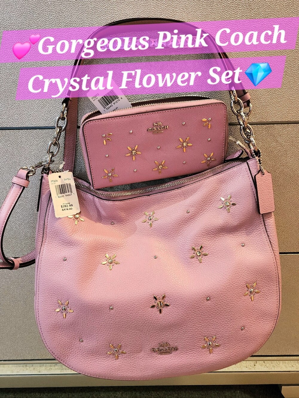 Coach Pink Crystal Rhinestone Shoulder Hobo Purse Floral Elle Wallet New SET